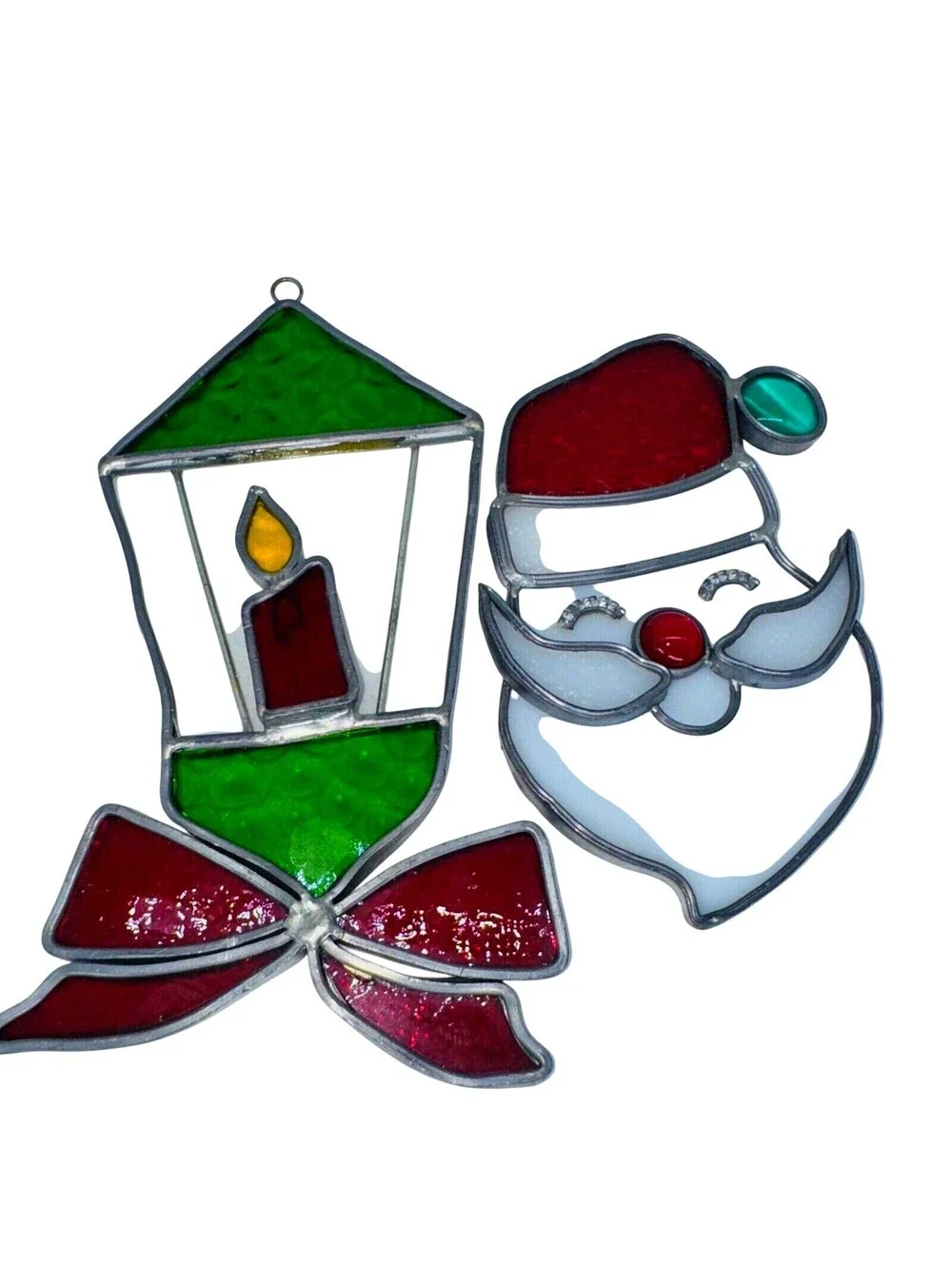 2 Vintage Handmade Stained Glass Suncatcher Ornaments Santa Candle Lantern Bow